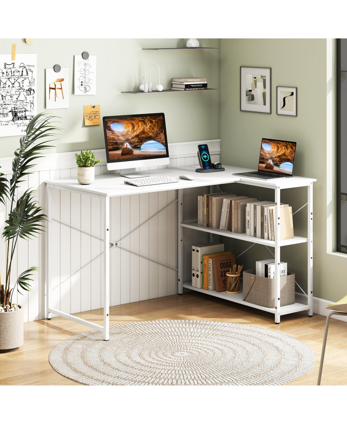 Sugift 47 in Reversible L Shaped Corner Desk with Adjustable Shelves