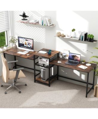 Two Person Computer Desk with Power Outlet and Printer Stand