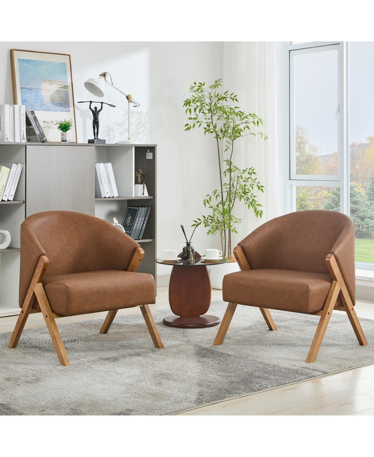 gaomon Mid-Century Modern Linen Upholstered Reading Armchair with Solid Wood Frame