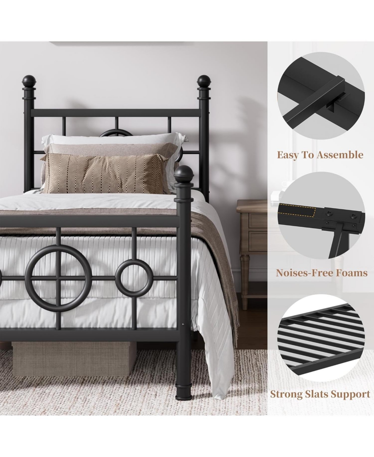 gaomon Metal Bed Frame with Vintage Circular Headboard and Footboard, Heavy-Duty Iron Platform Bed, No Box Spring Needed, Noise-Free Design