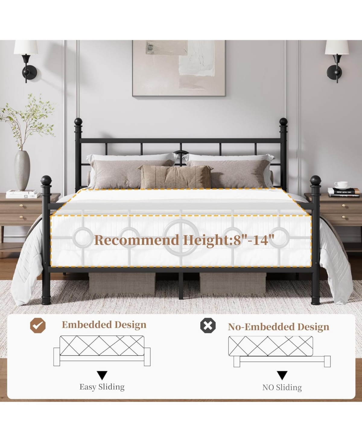 gaomon Metal Bed Frame with Vintage Circular Headboard and Footboard, Heavy-Duty Iron Platform Bed, No Box Spring Needed, Noise-Free Design