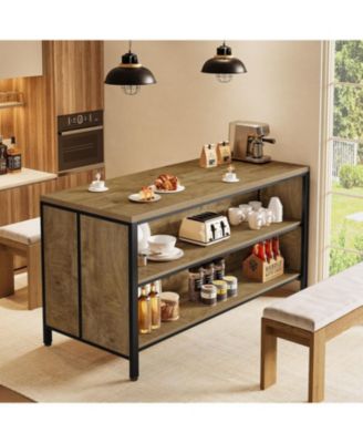 62.99" Kitchen Island with Storage and Seating - Farmhouse Stationary Island Table, Large Countertop and Sturdy Metal Frame