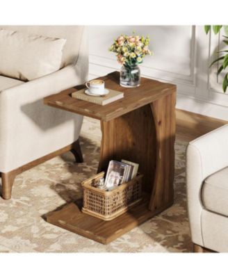 C-Shaped End Table for Living Room Set of 2, Solid Wood Narrow Skinny Side Table, Farmhouse Bedside Nightstand