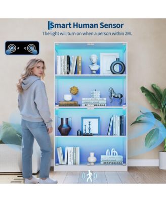 Glass Display Cabinet 4-Tier, Curio Cabinets with Glass Doors, Storage Cabinet with 3 Color Lights, Human Body Sensor & Charging Ports