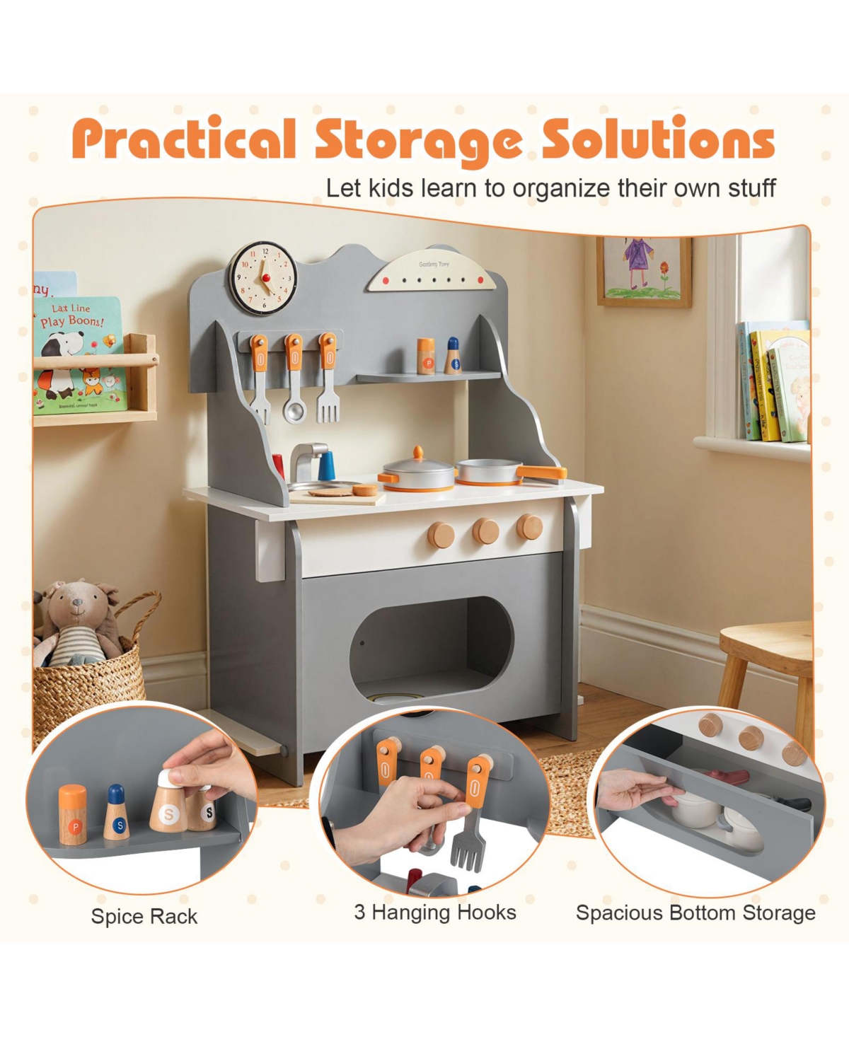 Mecale Wooden Play Kitchen Pretend Toy with Clock, Gift Set for Boys & Girls Ages 3