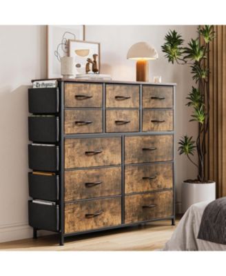 12 Drawer Fabric Dresser with Side Pockets & Hooks Tall Storage Chest with Sturdy Steel Frame, Wooden Top, Easy Pull Handles
