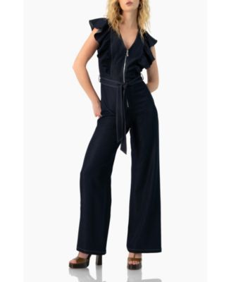 Women's V-Neck Denim Like Wide-Leg Jumpsuit