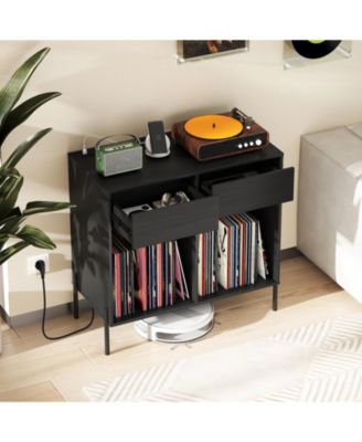 Record Player Stand with Power Outlets Double Wide Turntable Stand Vinyl Record Storage Table