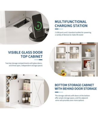 Coffee Bar Cabinet with Power Outlet & Exquisite Barn Doors, Sideboard Buffet Cabinet with Wine Bottle Rack, Storage Cabinet for Kitchen