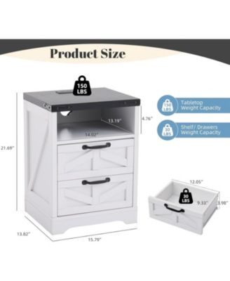 Modern Farmhouse Nightstand - USB & Outlet Charging Station for Bedroom, 2 Drawer Industrial Bedside Table with Storage