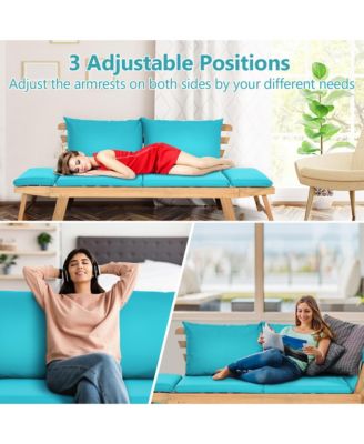 Adjustable Patio Sofa Daybed Acacia Wood Furniture w/  Cushion