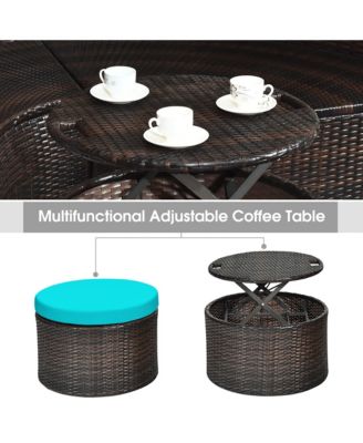 Cushioned Patio Rattan Round Daybed w/ Adjustable Table 3 Pillows