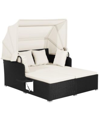 Patio Hand-Woven PE Wicker Daybed Outdoor Loveseat Sofa Set w/  Cushions