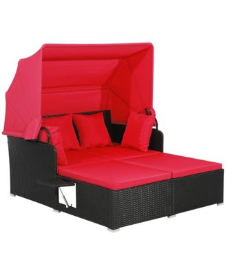 Patio Hand-Woven PE Wicker Daybed Outdoor Loveseat Sofa Set w/ Cushions