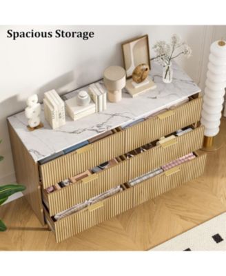 6 Drawer Fluted Dresser 47 Inch Wide Modern Wooden Double Chest for Hallway