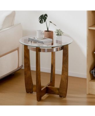 24 Inches Round Side Table with Tempered Glass Top and Solid Rubber Wood Base-Walnut