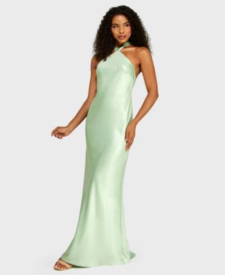 Juniors' Halter Back Neck Drape Tie Gown