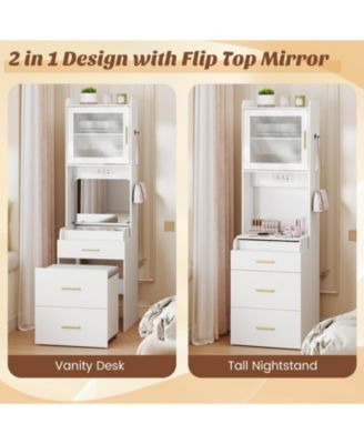 Makeup Vanity with Power Outlets and Flip-top Mirror and Storage Stool