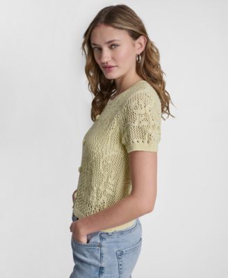 Petite Short-Sleeve Crew Neck Cardigan Sweater
