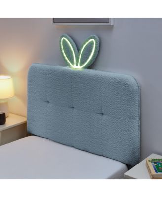 Boucle Twin Size Kids Bed Frame, Upholstered Platform Bed with 4 Storage Drawers, LED Lights and Cute Rabbit Ear Headboard for Boys Girls