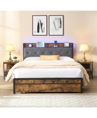 King Size Metal Bed Frame with Storage Drawers, Charging Station, LED Lights and Upholstered Headboard, Sturdy Platform Bed for Bedroom