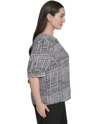 Plus Size Printed Short-Sleeve Button-Down Blouse