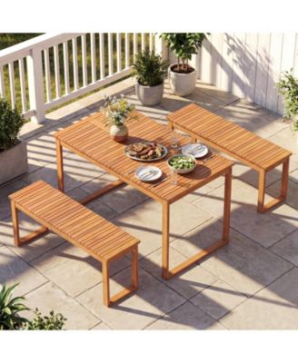 Acacia Wood Outdoor Garden Bench Set of 2 with Slatted Seat for Front Porch