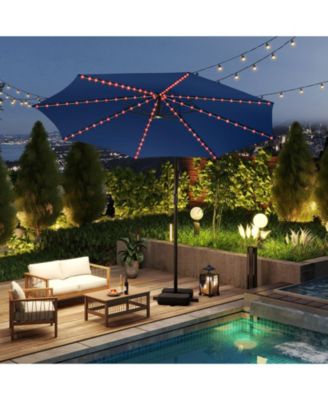 10 ft Solar Offset Hanging Umbrella with Base and LED Lights