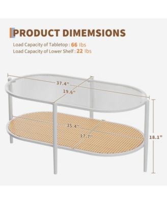 Boho Oval 2-Tier Rattan Coffee Table with Water-Wave Tempered Glass Top