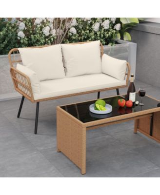 Outdoor Rattan Two Seat Chair with Cushions and Metal Legs