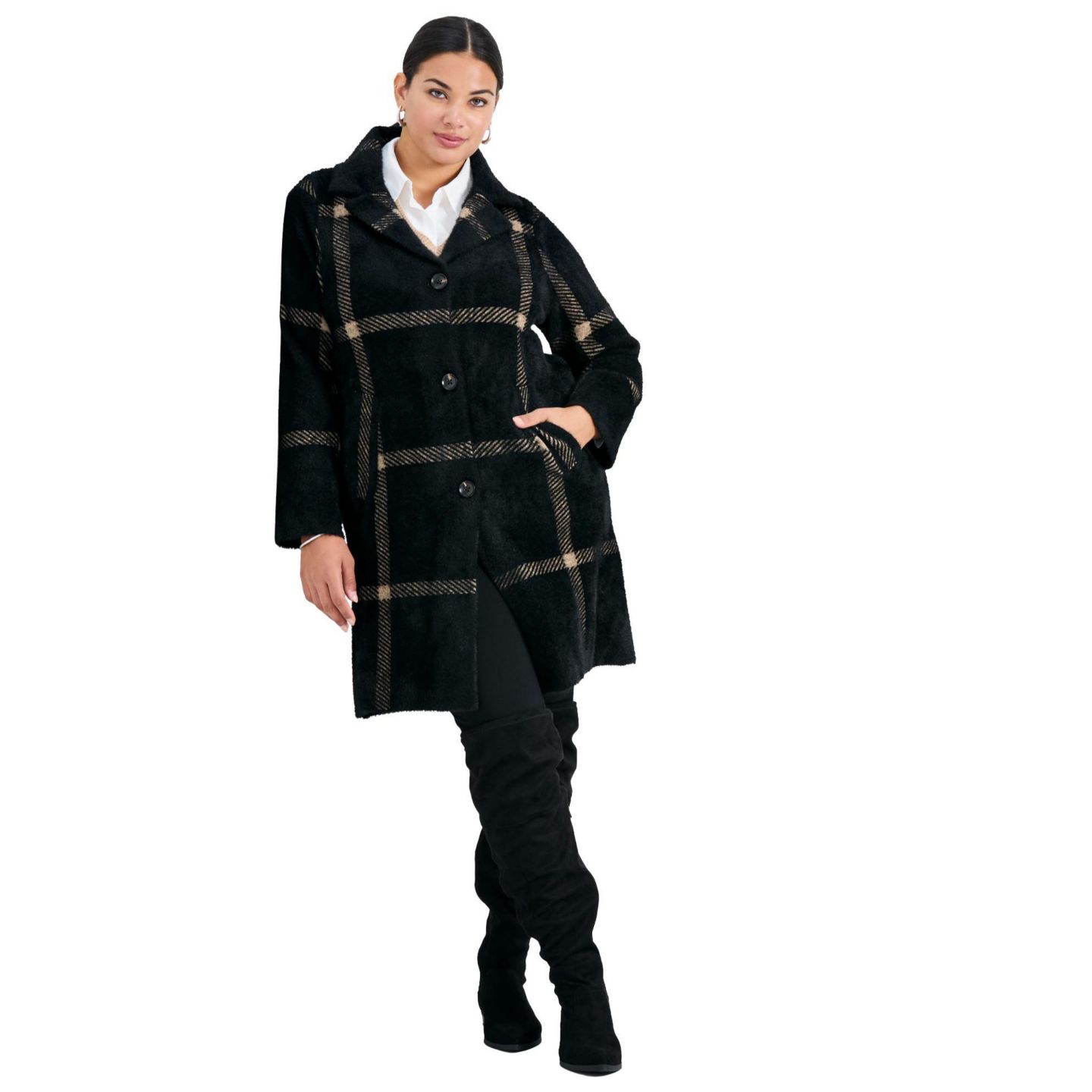 Женское пальто Avenue Plus Size Gigi Check Sweater Coat, цвет: Чёрный верблюжий клетчатый — фото 1