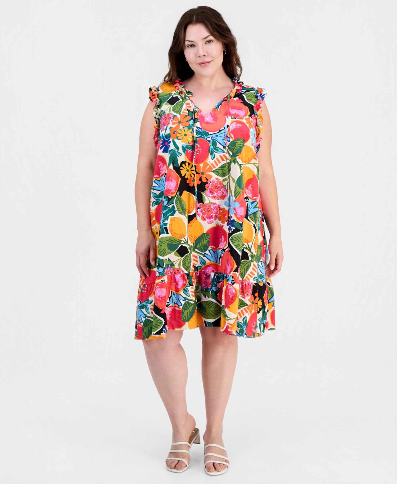 Plus Size Ruffled Tie-Neck Shift Dress