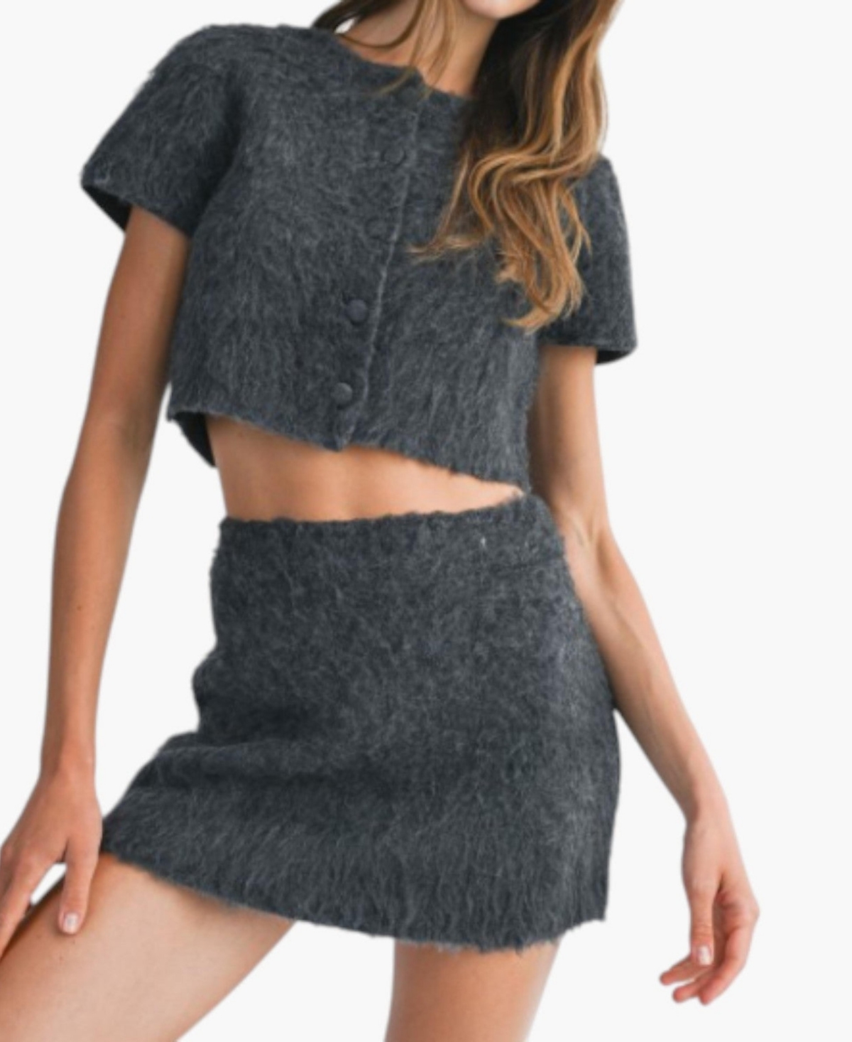 Modenaire Women's Fuzzy Knit Crop Top and Mini Skirt Set