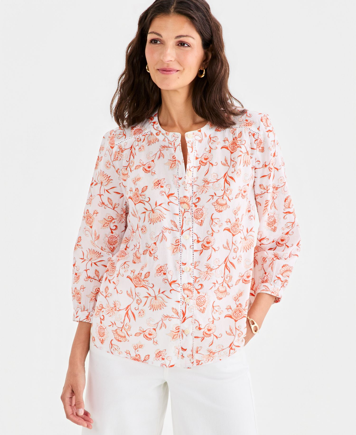 Women's Cotton Button-Front 3/4-Sleeve Top