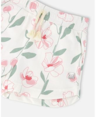 Little Girls French Terry Shorts Off White Printed Flowers