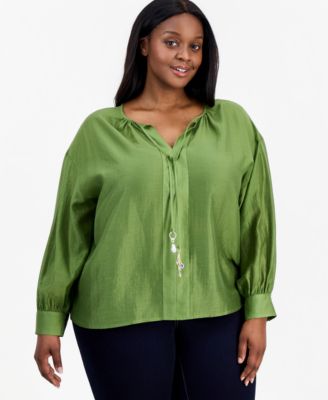 Plus Size Embellished Tie-Neck Long-Sleeve Blouse