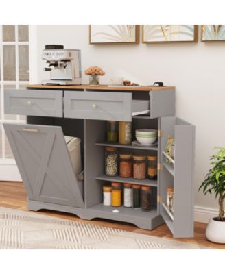 Tilt Out Trash Can Cabinet with Power Outlets and Shelf