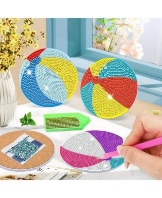 DIY Beach Ball Diamond Painting Coasters (6 Pcs) with Holder, Non-Slip Cork Base, Ideal for Home Decor and Gifting