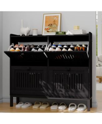 Shoe Storage Cabinet with 4 Flip Drawer, Shoes Organizer with Hollow Out Panel and Square Handles, Anti-Tipping Shoe Rack