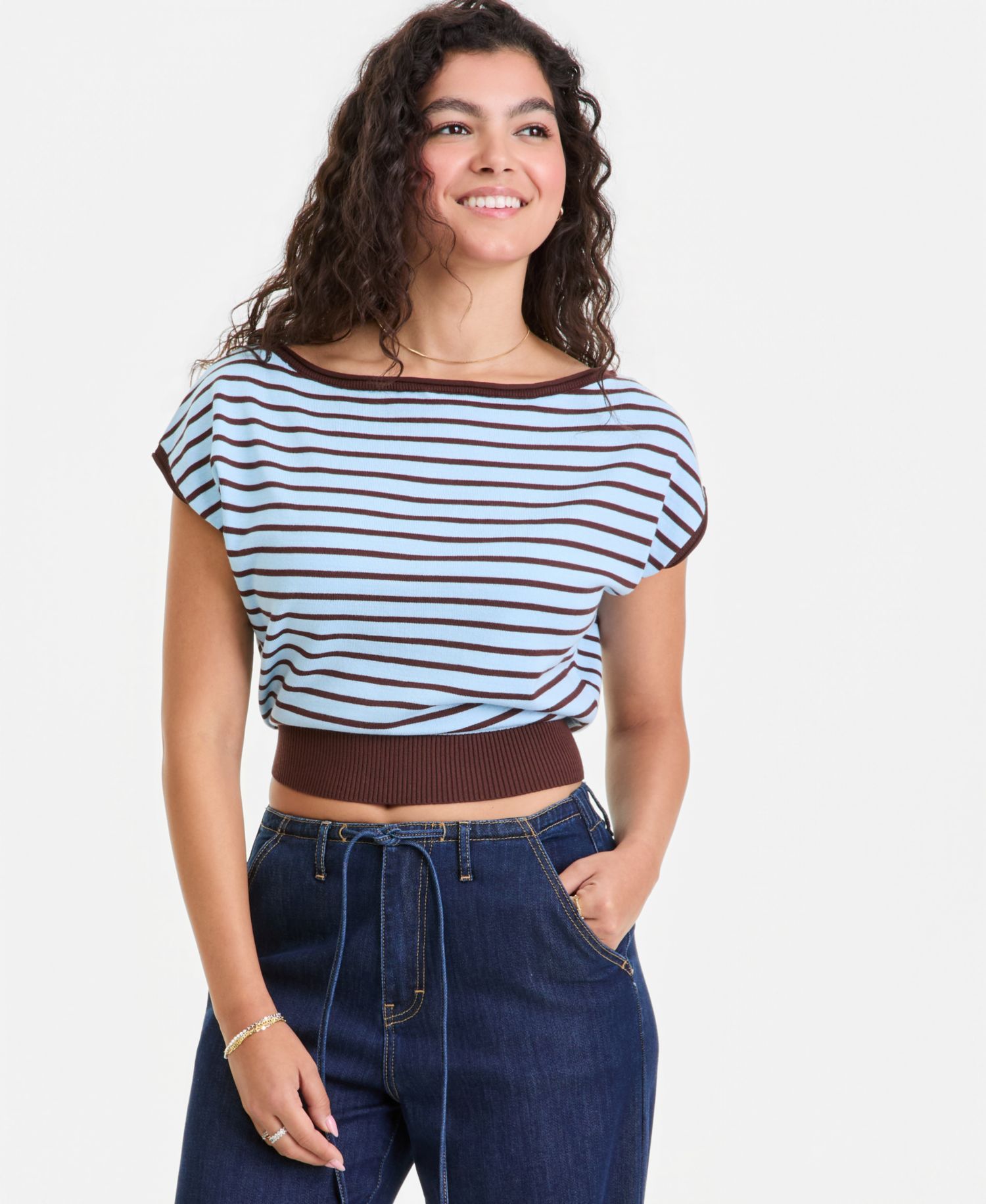 Juniors' Boat-Neck Cap-Sleeve Sweater
