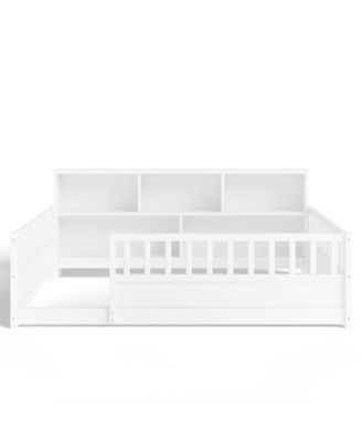 Full Size Montessori Floor Bed Frame, Low Profile Wooden Bed with Bookcase Storage and Safety Guardrails for Boys and Girls