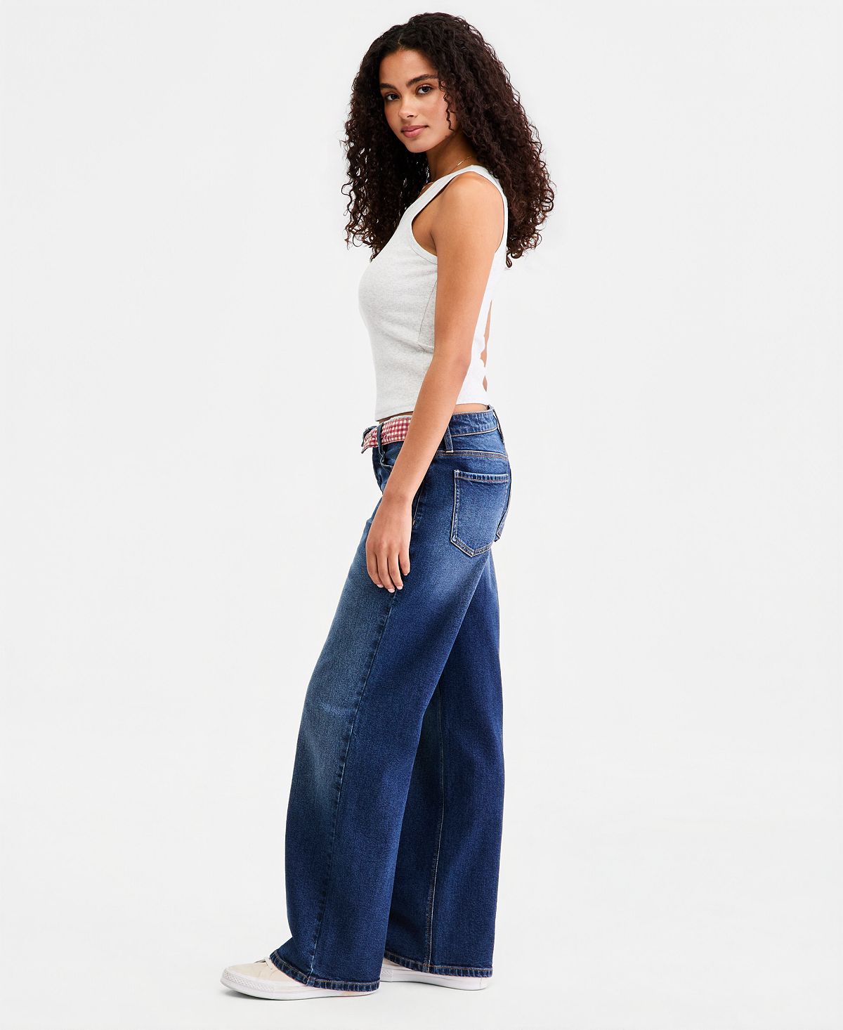 Celebrity Pink Juniors' Gingham Foldover-Waist Denim Jeans view 5 — MAYCSS fashion products