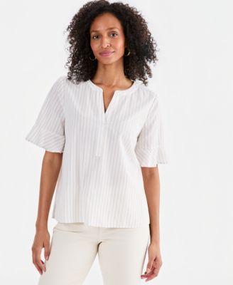 Petite Y-Neck Ruffle Short-Sleeve Cotton Top