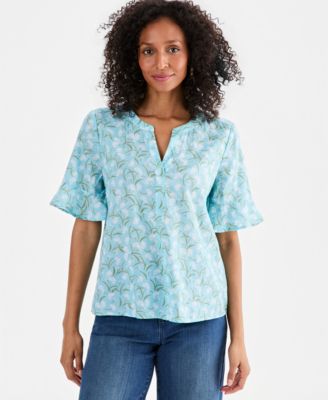 Women's Printed Cotton Split-Neck Popover Top