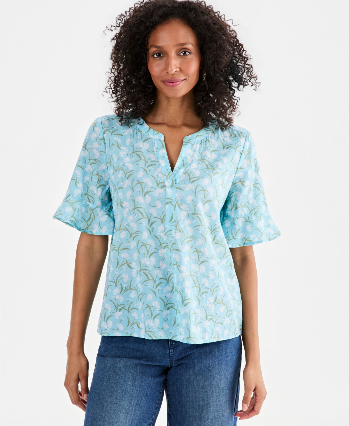 Женский топ Style & Co Printed Cotton Split-Neck Popover Top, цвет: Аквамариновый — фото 1