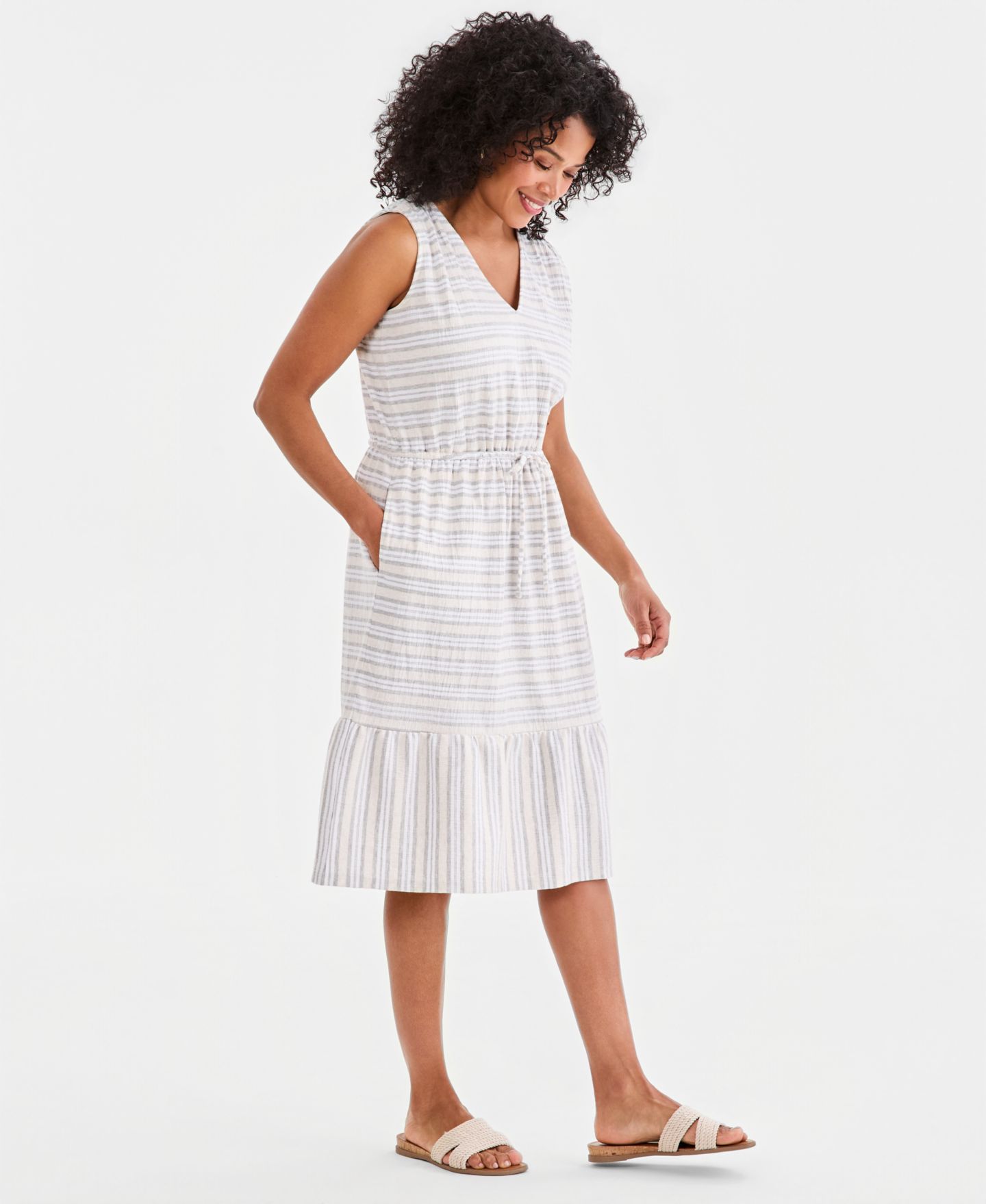 Женское платье Style & Co Striped Tie-Waist Midi, цвет: Бежевый — фото 3