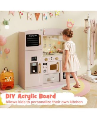Wooden Kids Kitchen Playset with Chalkboard, Ice Maker, Sink, Microwave.