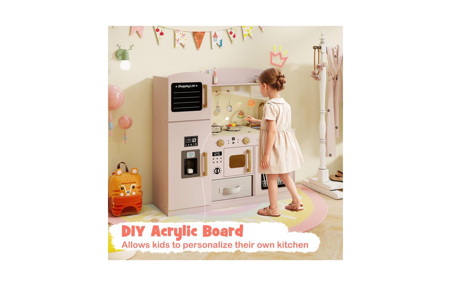 Детский игровой набор HONGGE Wooden Lighted-Microwave Kitchen Playset with Ice Maker, Ages 3+, цвет: Розовый — фото 7