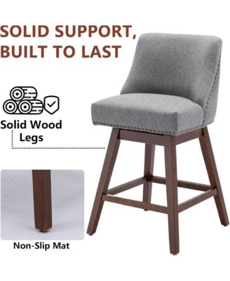 Swivel Bar Stools Set of 2, Modern Upholstered Counter Height Chairs with Wooden Legs and Nailhead Trim for Kitchen Island