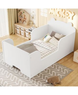 Twin Size Kids Floor Bed Frame - Wood Platform Bed with Rails and Bear Shape Headboard for Boys and Girls Ages 3-6